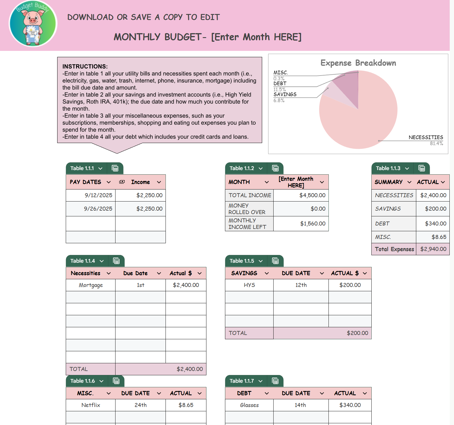 Budget Template Package (DIGITAL GOOGLE SHEET FILE)